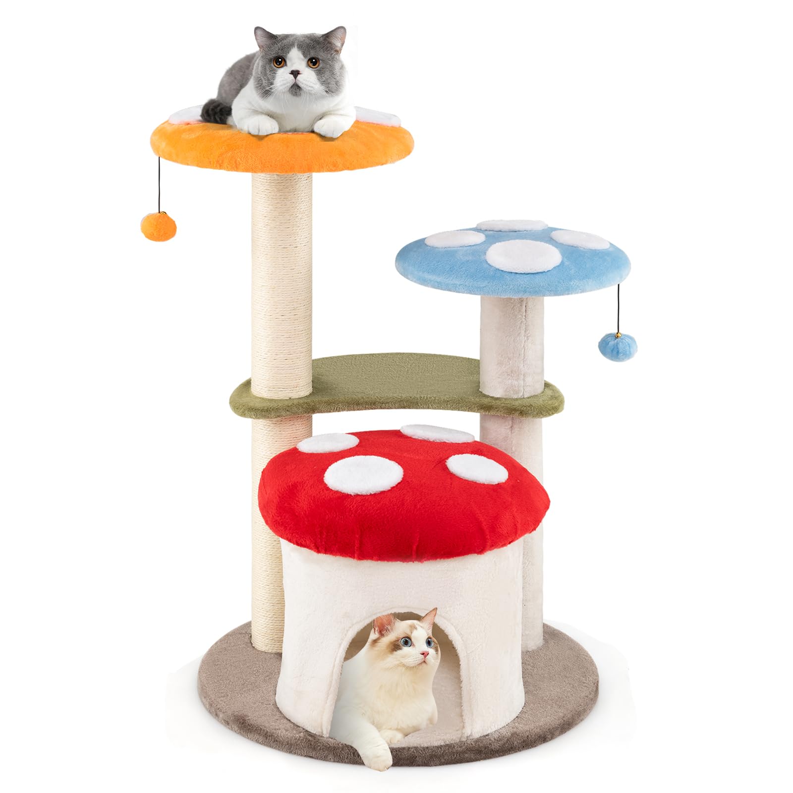 Tangkula Arbre à chat champignon, 35 pouces, mignon arbre à chat avec poteaux à griffer en sisal, condo pour chat